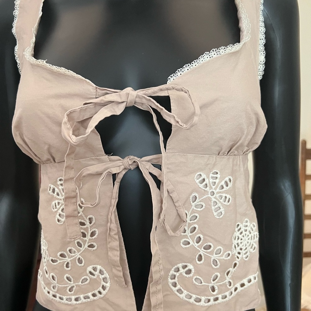 Moon River Tie -Front Embroidered Crop Top in Taupe